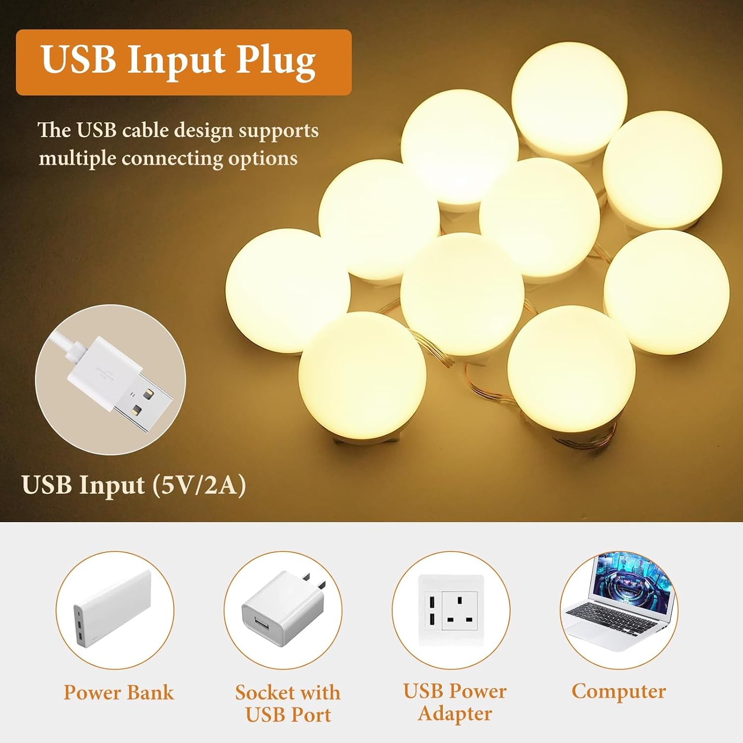 Hollywood Mirror Lights Stick on 10 Bulbs, Makeup Lights for Dressing Table, USB Cable Adjustable, LED Vanity Mirror Lights for Mirror Make up Light for Bathroom Vanity Table Bedroom