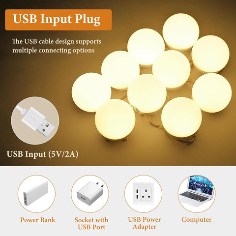 Hollywood Mirror Lights Stick on 10 Bulbs, Makeup Lights for Dressing Table, USB Cable Adjustable, LED Vanity Mirror Lights for Mirror Make up Light for Bathroom Vanity Table Bedroom