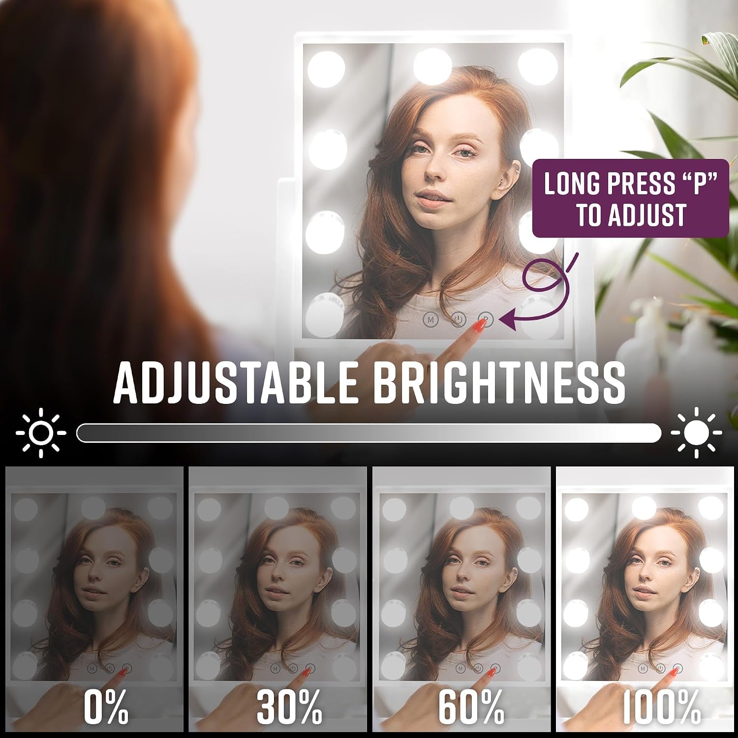 Hollywood Mirror with 9 LED Bulbs - 3 Colour Light Modes & Adjustable Brightness, Touch Screen, 360° Rotation, Light up Mirror, No Assembly Needed, Vanity Mirror with Lights - White