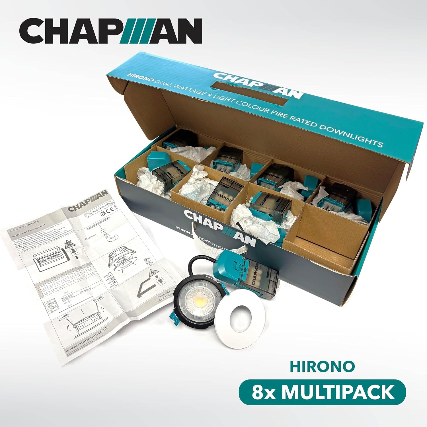 Chapman Hirono Pro 4W & 6W Fire Rated Downlights IP65 White 8 Pack | 4CCT 2700K-6000K, Cool, Neutral or Warm White Waterproof LED Modern Ceiling Light for Bathroom, Kitchen, Bedroom & Living Room