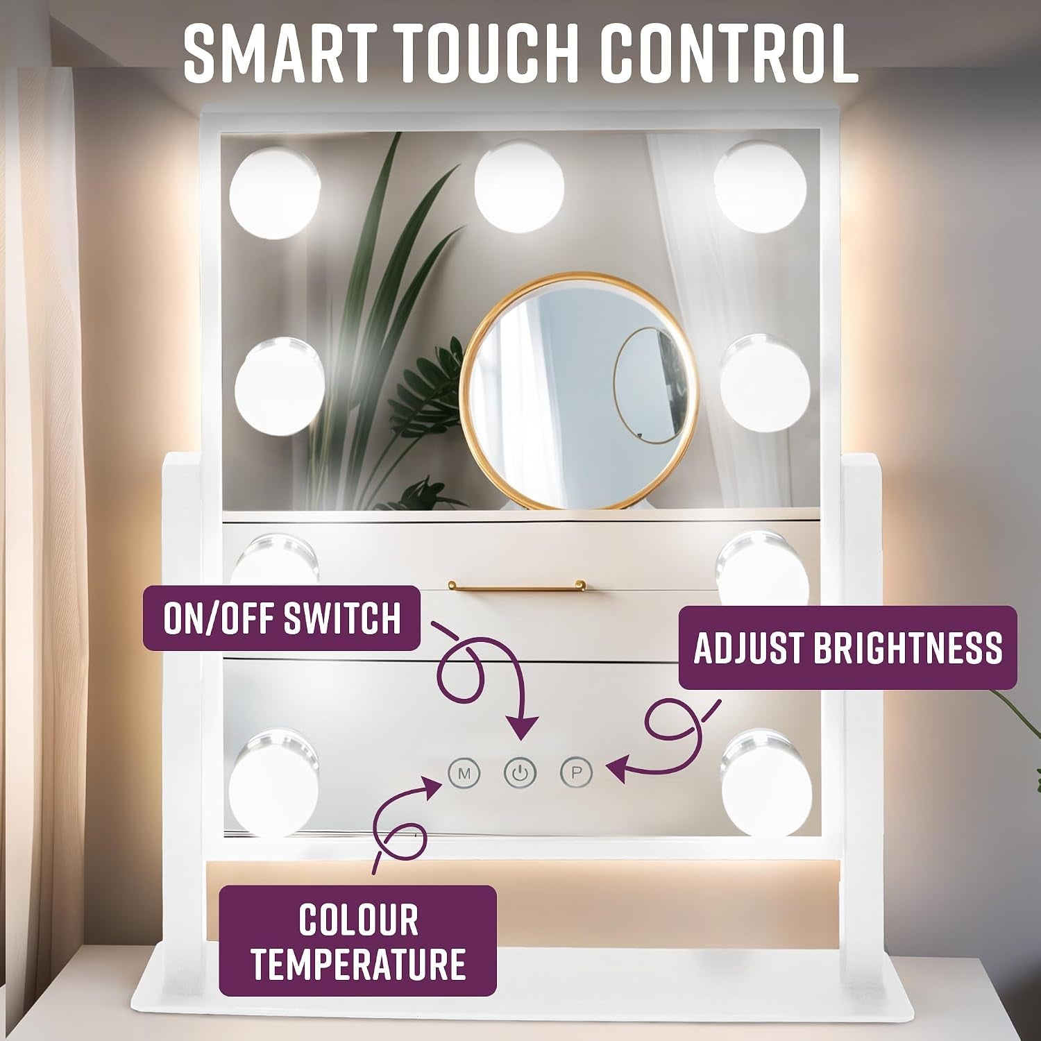 Hollywood Mirror with 9 LED Bulbs - 3 Colour Light Modes & Adjustable Brightness, Touch Screen, 360° Rotation, Light up Mirror, No Assembly Needed, Vanity Mirror with Lights - White