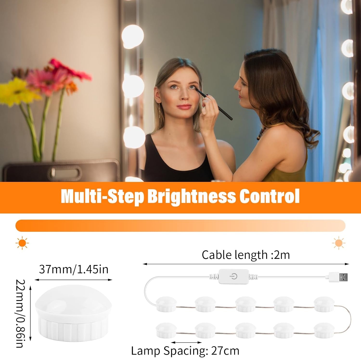 Dimmable Vanity Mirror Lights Kits, 10 Bulbs Hollywood Style LED Makeup Lights, 3 Colour Changing & Brightness Adjustable, LED Make up Light for Dressing Table Room, Bathroom, Bedroom (Pink)