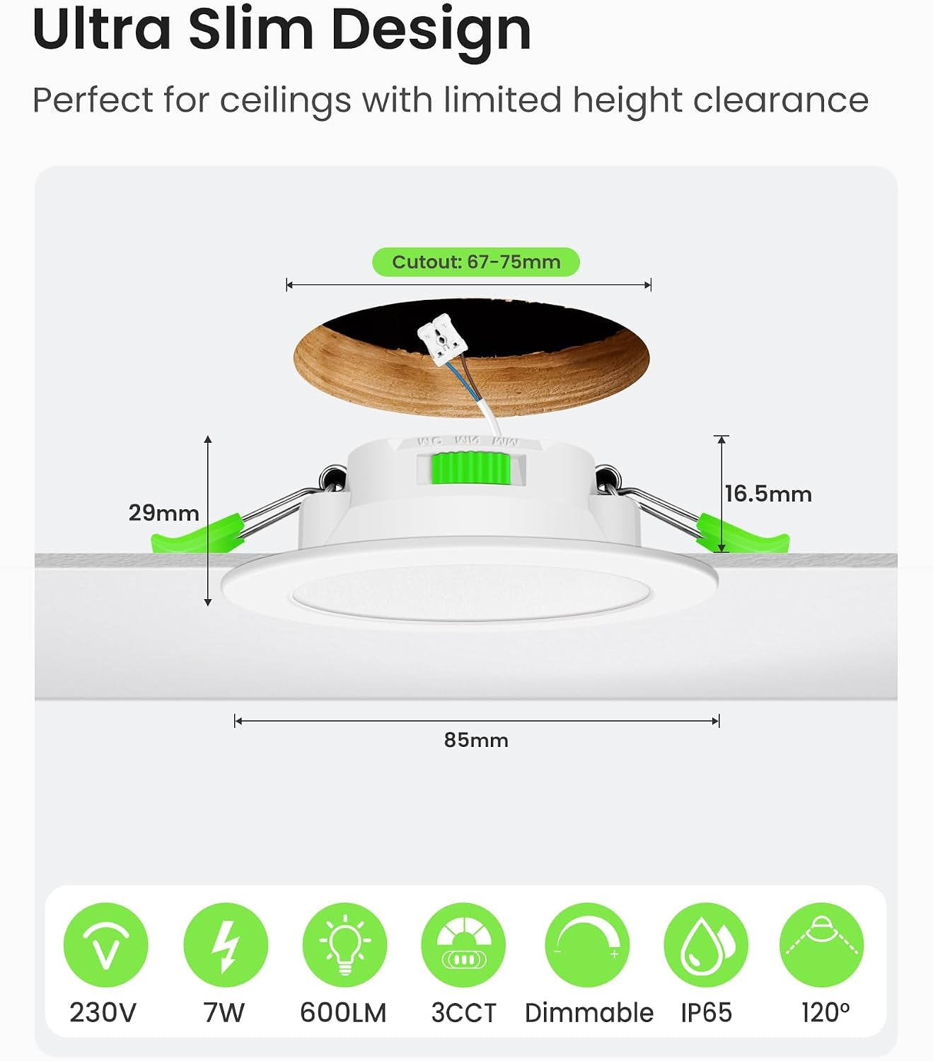 3CCT LED Downlights Ceiling Dimmable 7W IP65 Cutout 67-75MM 6 Pack | Slim Recessed Ceiling Lights, 3000K 4000K 6500K Selectable Bathroom Kitchen Spotlights, round White