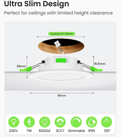 3CCT LED Downlights Ceiling Dimmable 7W IP65 Cutout 67-75MM 6 Pack | Slim Recessed Ceiling Lights, 3000K 4000K 6500K Selectable Bathroom Kitchen Spotlights, round White