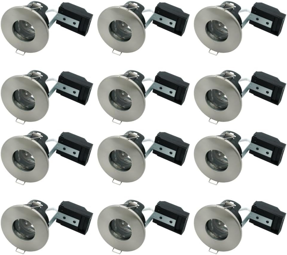 8 Pack - Brushed Chrome IP65 Bathroom & Shower Fire Rated Twist Lock GU10 Recessed Downlight | Air Flow Open Back | 68Mm Cut Out | 240V Class 2 Double Insulated | Push Fit Terminals | Outdoor
