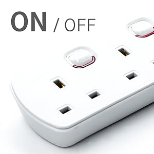 White power strip with on/off switch on a white background