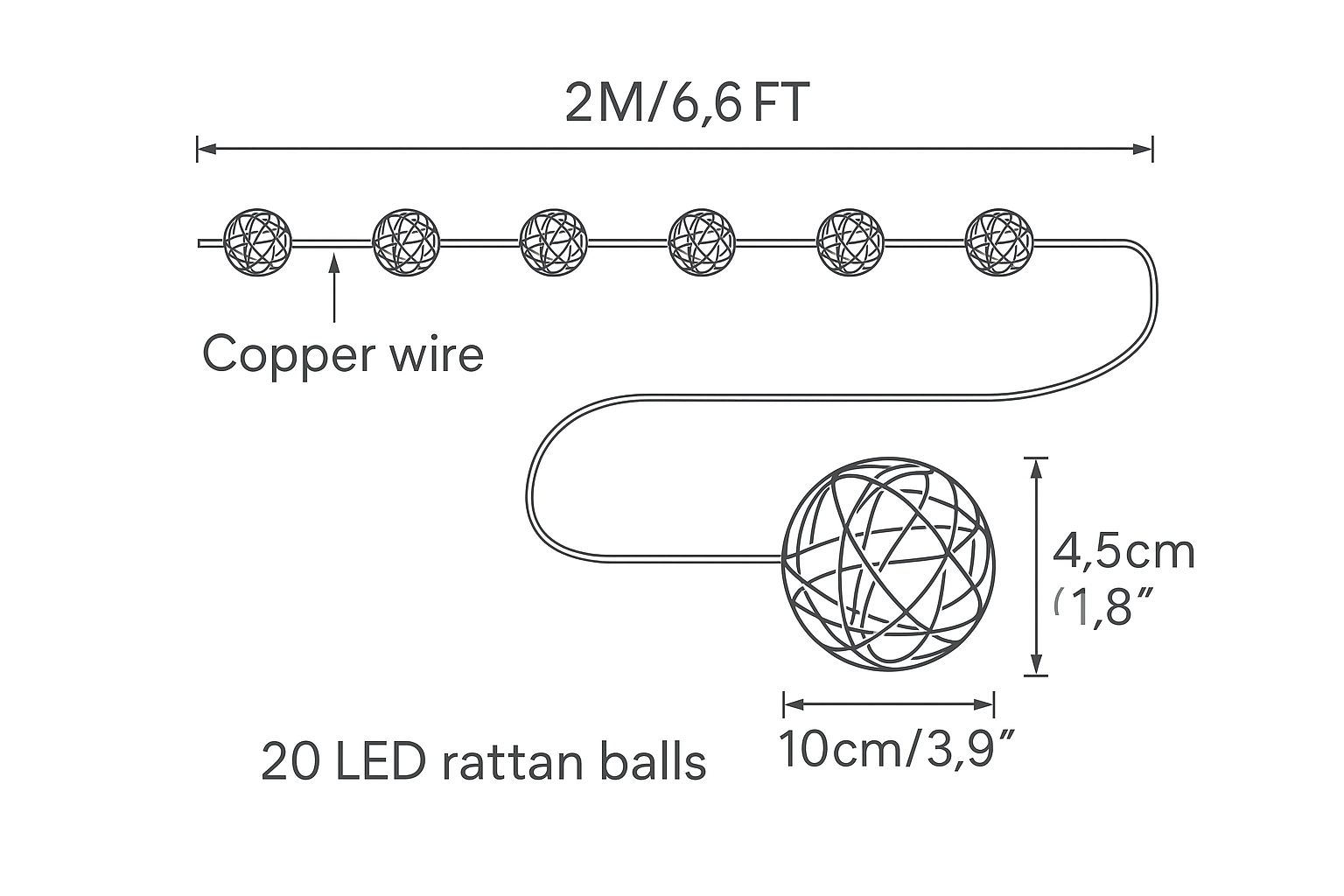  decorative string with copper wire and LED rattan balls, showing measurements.