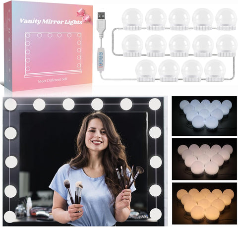 Hollywood Mirror Lights Stick on 10 Bulbs, USB Cable Adjustable, 3 Colour Changing and 10 Brightness, LED Vanity Mirror Lamp Dimmable, Makeup Lights for Dressing Table (No Adapter)