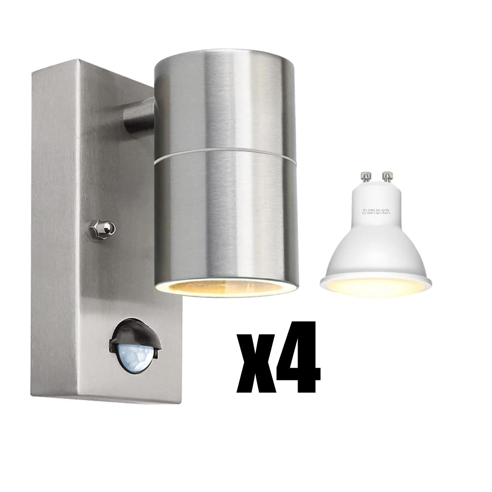 Outdoor Motion Sensor Wall Lights, Downward Outside Lighting Mains Powered, IP44 Silver Stainless Steel - thelights4u.com