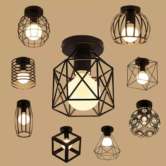 Vintage Ceiling Light Semi Flush Mount Black Ceiling Light Fixture Metal Cage Ceiling Lampshade with E27 Base for Living Room Kitchen Bedroom Hallway Courtyard (Bulb not included)