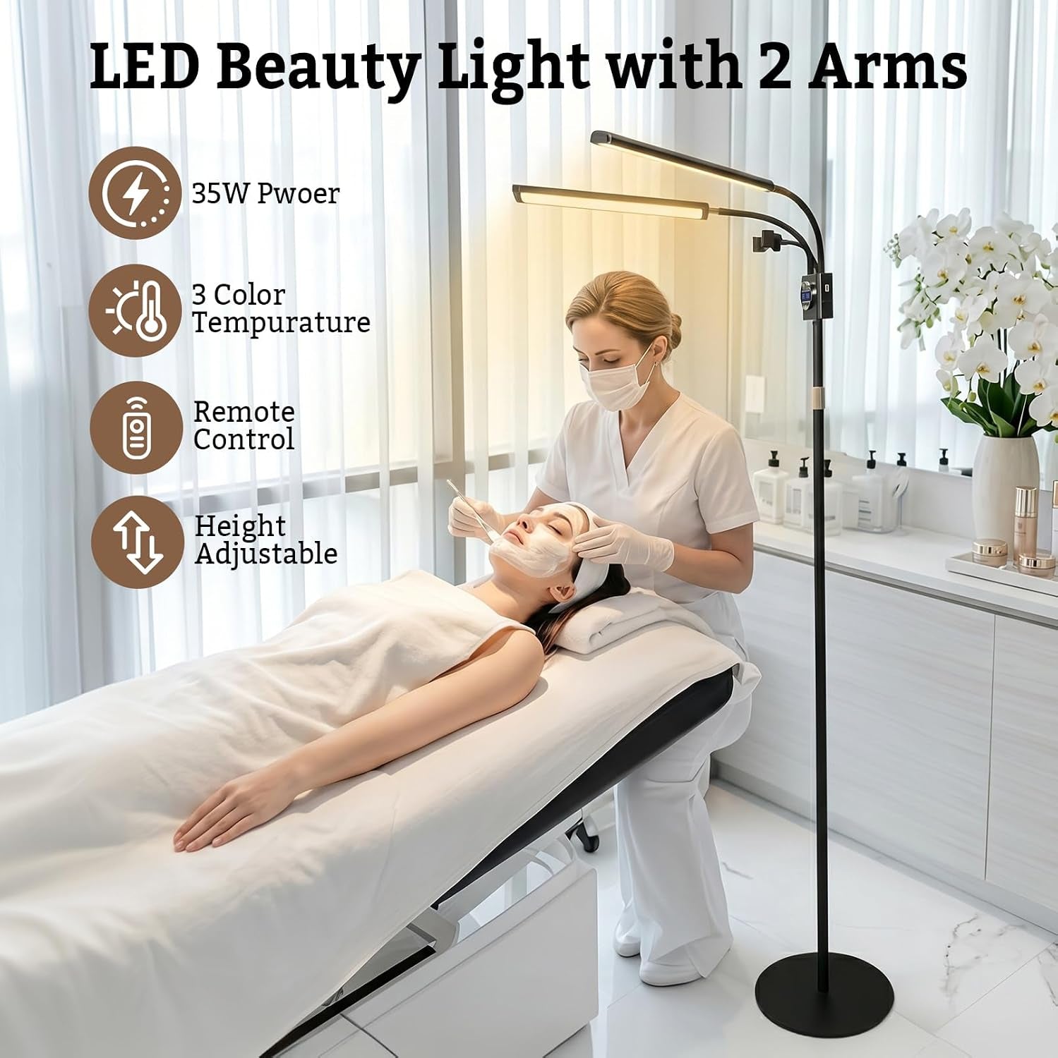 Beauty Light with 2 Arms | 3 Color LED Lash Light with Remote Control 360° Adjustable Floor Fill Lamp with Phone Holder for Photograph, Beauty, Tattoo