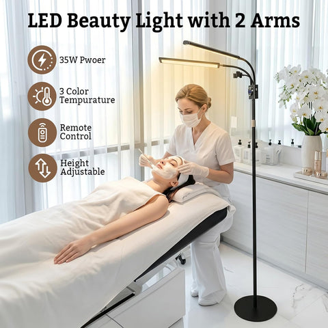 Beauty Light with 2 Arms | 3 Color LED Lash Light with Remote Control 360° Adjustable Floor Fill Lamp with Phone Holder for Photograph, Beauty, Tattoo