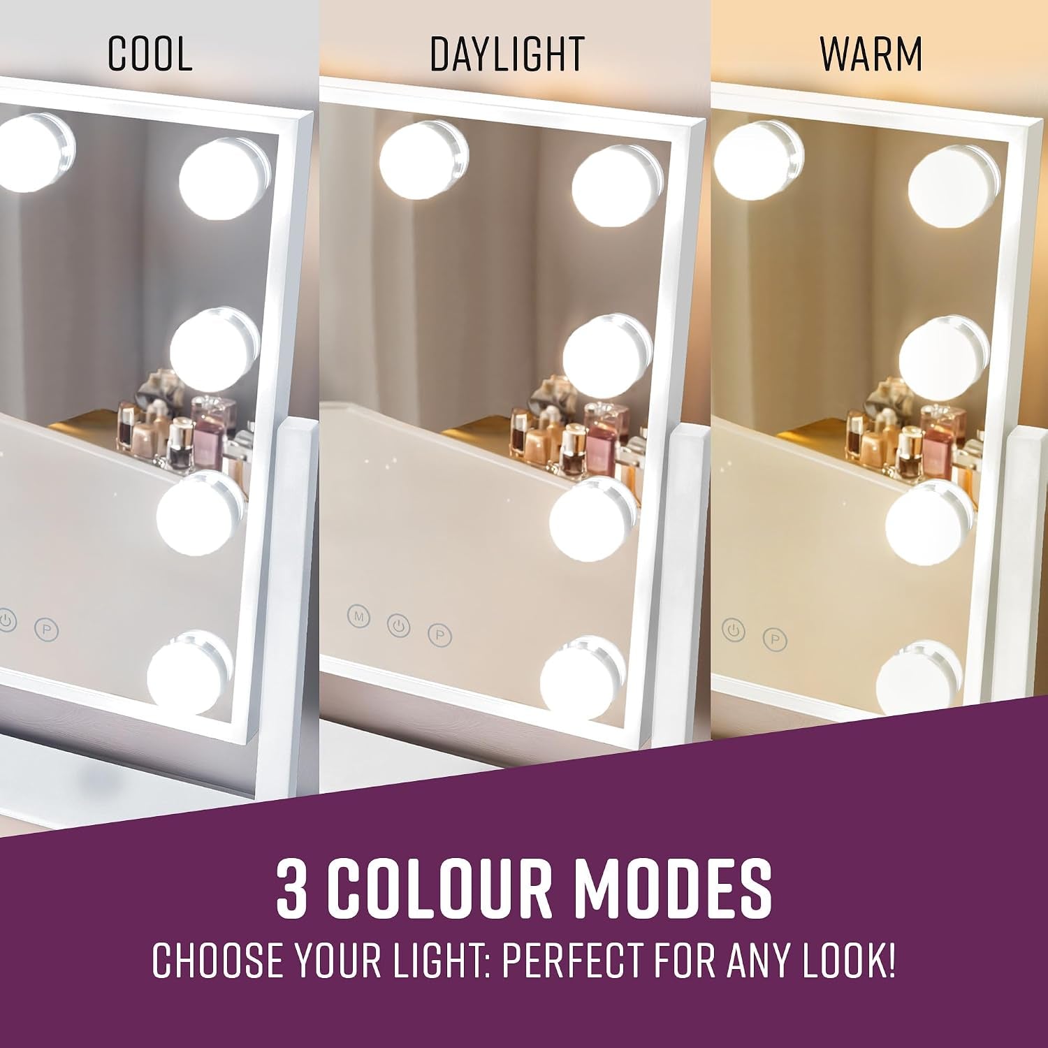 Hollywood Mirror with 9 LED Bulbs - 3 Colour Light Modes & Adjustable Brightness, Touch Screen, 360° Rotation, Light up Mirror, No Assembly Needed, Vanity Mirror with Lights - White