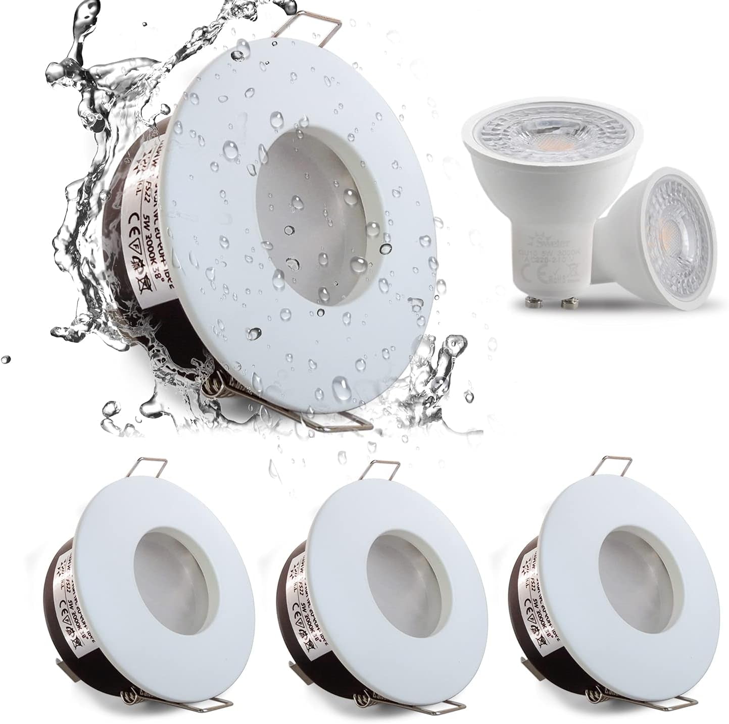 LED Downlights 5W, GU10 IP65 Bathroom Spotlights 3000K Warm White, 430LM Waterproof Recessed Ceiling Lights for Shower, Kitchen, Cut Out 68-75Mm 4 Pack