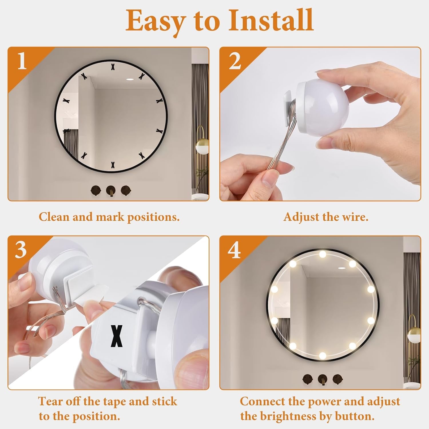 Hollywood Mirror Lights Stick on 10 Bulbs, Makeup Lights for Dressing Table, USB Cable Adjustable, LED Vanity Mirror Lights for Mirror Make up Light for Bathroom Vanity Table Bedroom