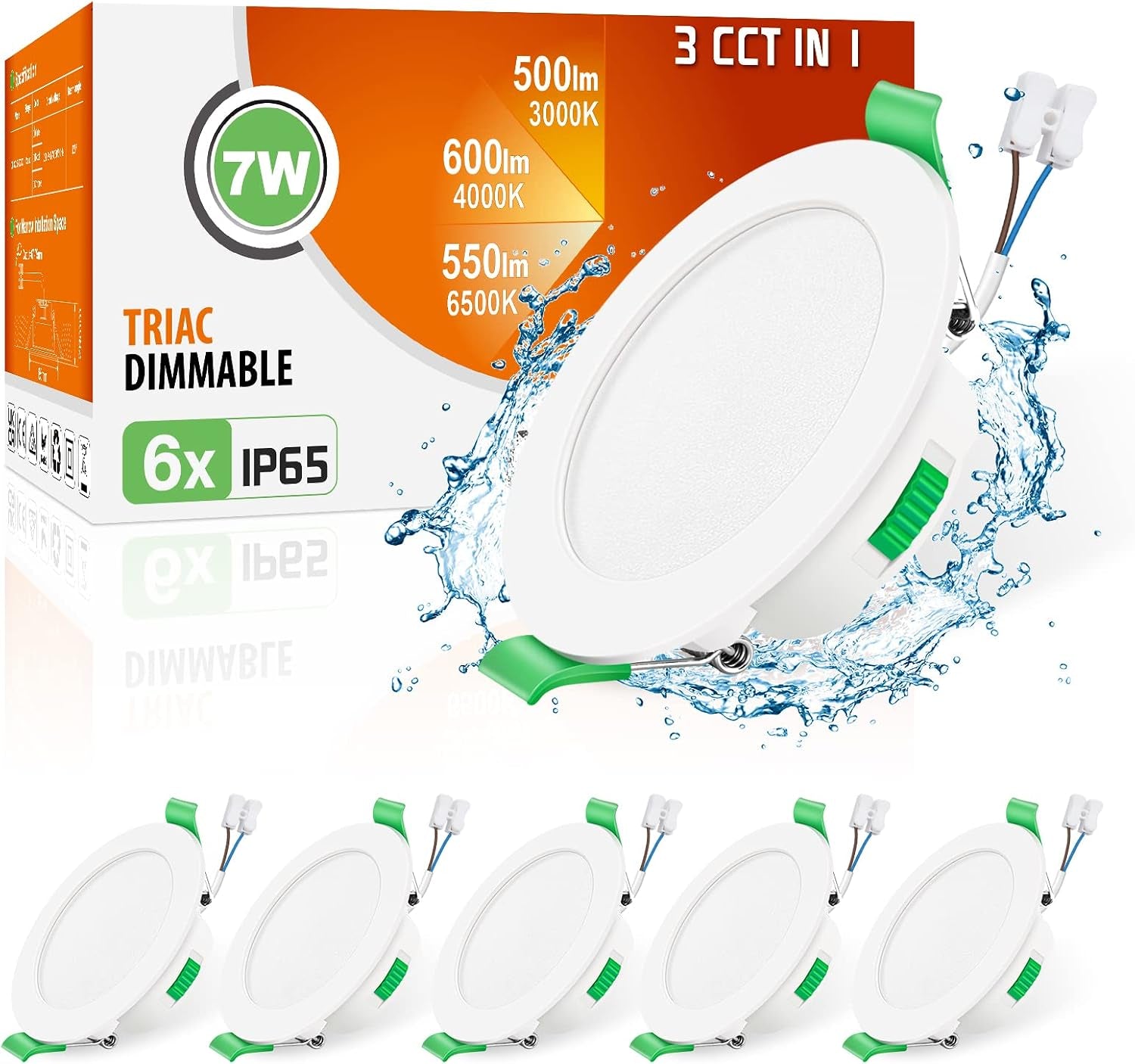 3CCT LED Downlights Ceiling Dimmable 7W IP65 Cutout 67-75MM 6 Pack | Slim Recessed Ceiling Lights, 3000K 4000K 6500K Selectable Bathroom Kitchen Spotlights, round White