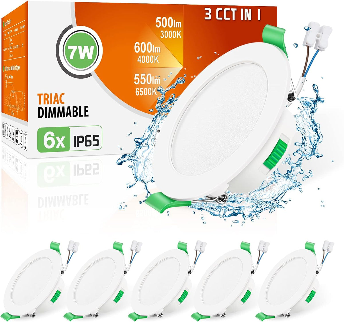 3CCT LED Downlights Ceiling Dimmable 7W IP65 Cutout 67-75MM 6 Pack | Slim Recessed Ceiling Lights, 3000K 4000K 6500K Selectable Bathroom Kitchen Spotlights, round White