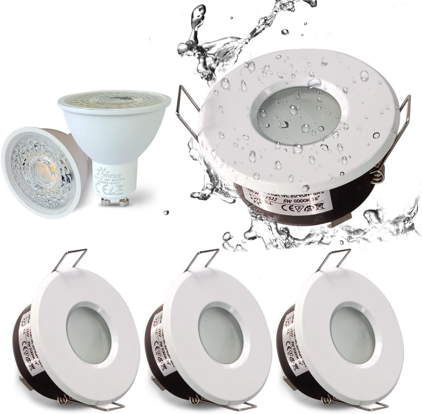 4X 5W IP65 Waterproof LED Recessed Ceiling Lights, Warm White 3000K 430LM, Suitable for Bathroom and Kitchen Spotlights (Including GU10 Lamp Holder) White Downlight Cut-Out 68Mm
