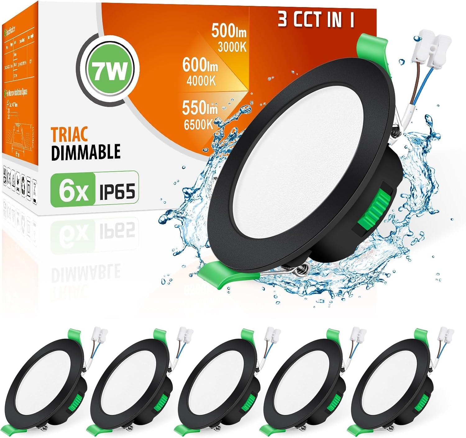 3CCT LED Downlights Ceiling Dimmable 7W IP65 Cutout 67-75MM 6 Pack | Slim Recessed Ceiling Lights, 3000K 4000K 6500K Selectable Bathroom Kitchen Spotlights, round White