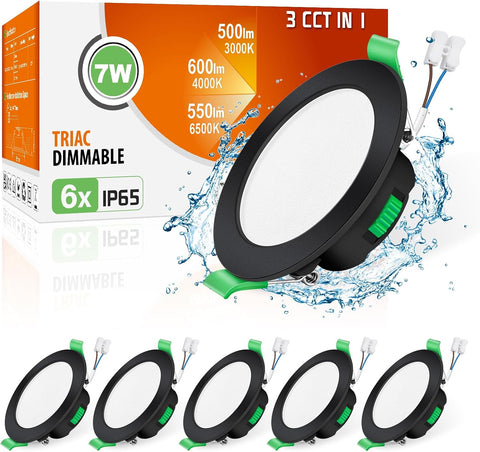 3CCT LED Downlights Ceiling Dimmable 7W IP65 Cutout 67-75MM 6 Pack | Slim Recessed Ceiling Lights, 3000K 4000K 6500K Selectable Bathroom Kitchen Spotlights, round White