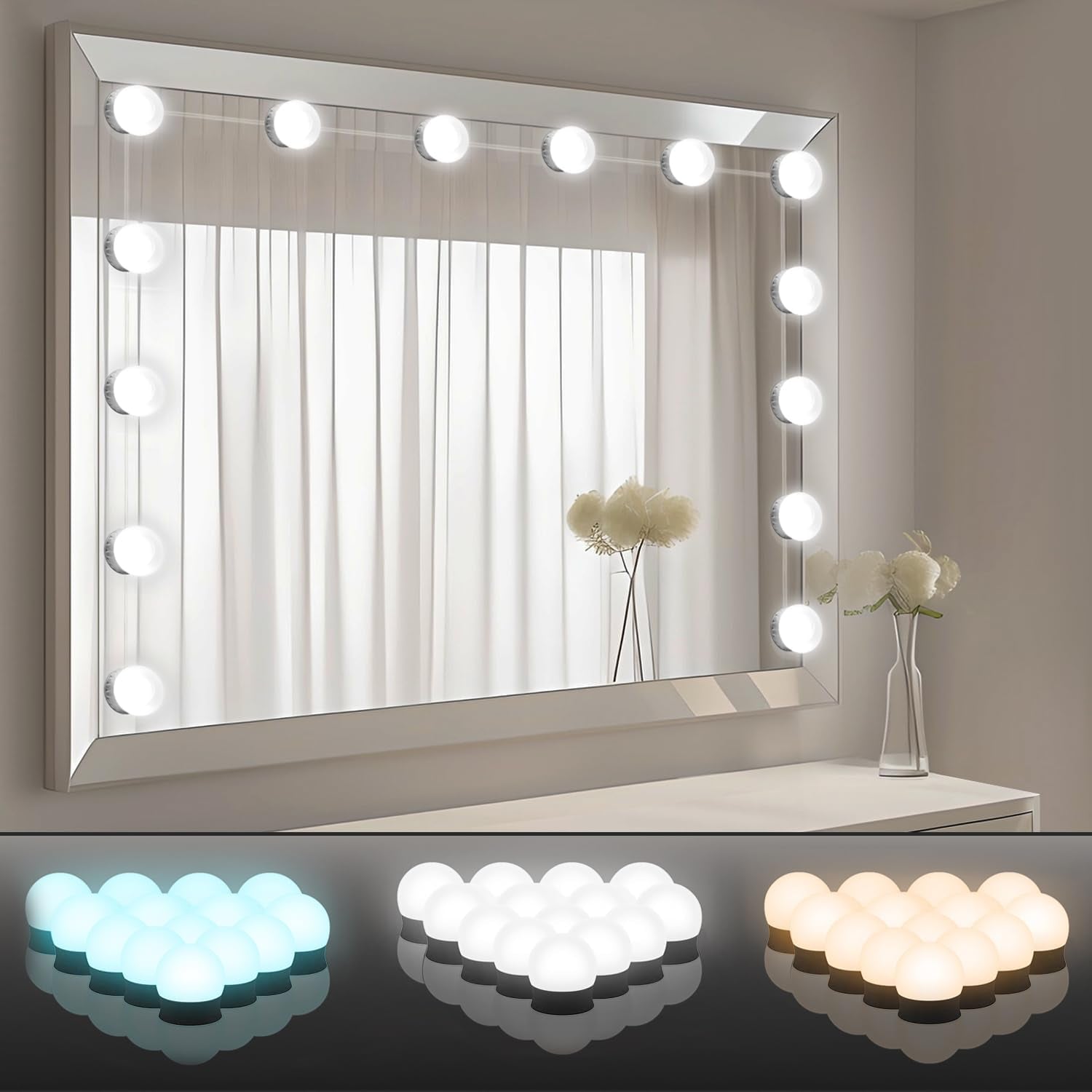 Hollywood Style Vanity Lights with 14 Bulbs, Makeup Lights for Mirror | Adjustable Color and Brightness, Used for Makeup, Bathroom