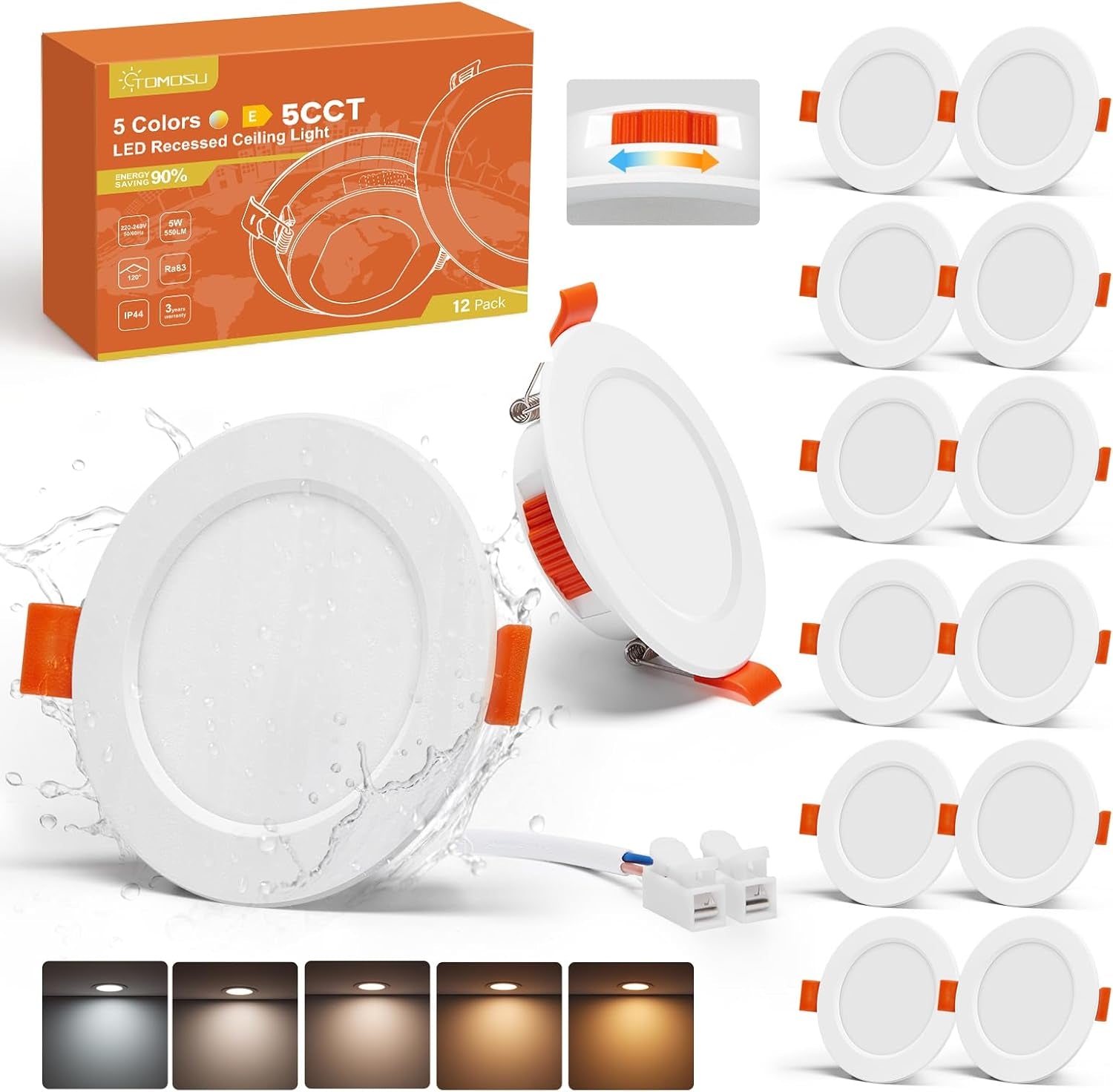 Pack of 20 5CCT Recessed LED Spotlights 68 Mm, 5 W 550 LM Extra Flat IP44 Recessed Bathroom Spotlights, 220 V Warm White Neutral White Cool White, Hole Diameter 68-80 Mm, Non-Dimmable