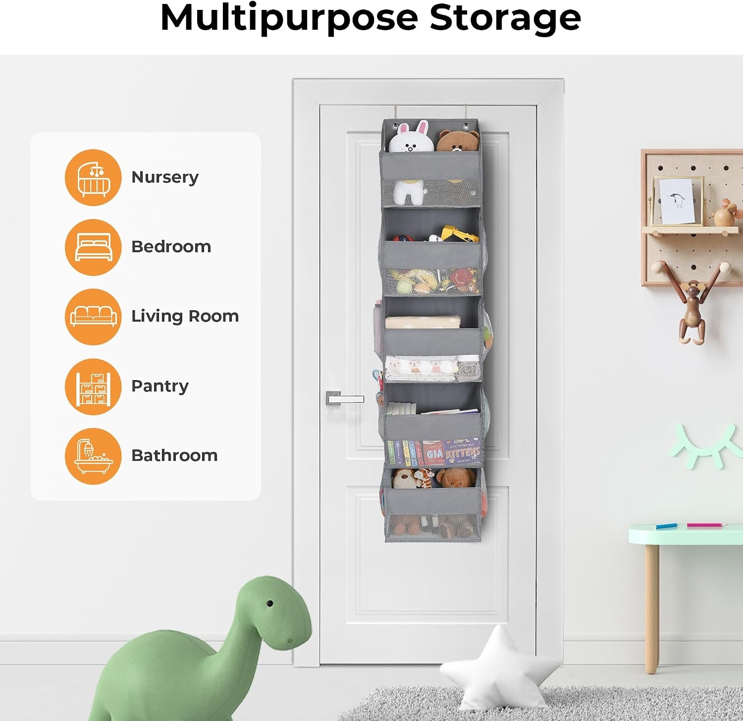5-Shelf Hanging Storage Pockets, Pack of 1 Back Door Organiser Storage, behind Door Storage Organizer for Bedroom Living Room, Grey Overdoor Storage Organiser, Nursery Hanging Storage