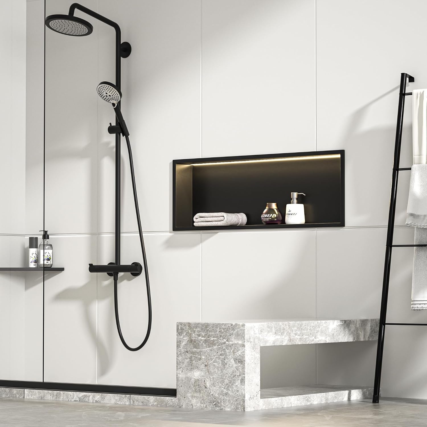 Wall Recess Shower Stainless Steel with LED Strip Light, 90 Cm X 30 Cm, Waterproof, No Tiles Required, Bathroom Storage, Niche, Matt Black