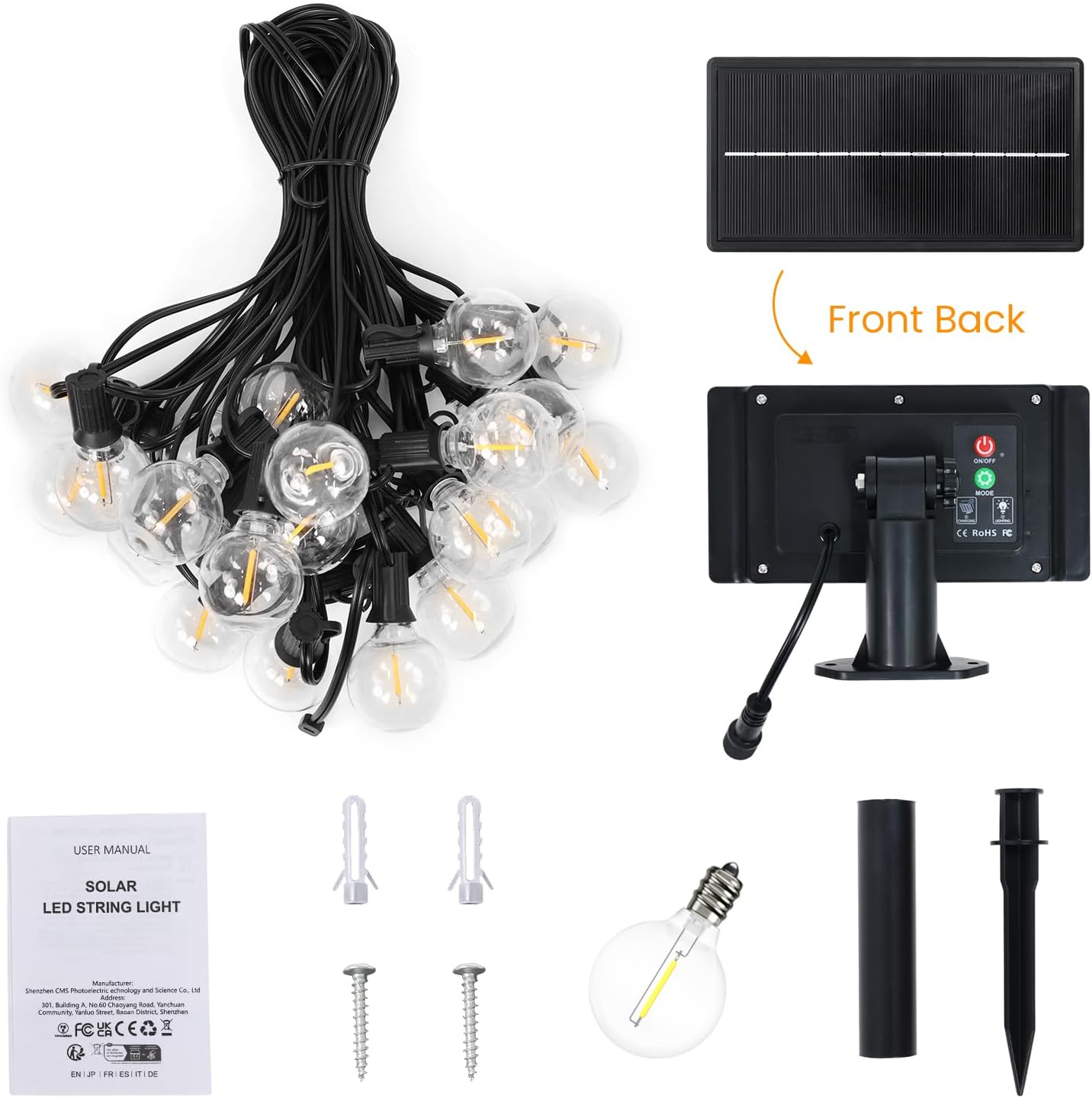 Full 50FT length solar festoon string light kit with evenly spaced G40 
