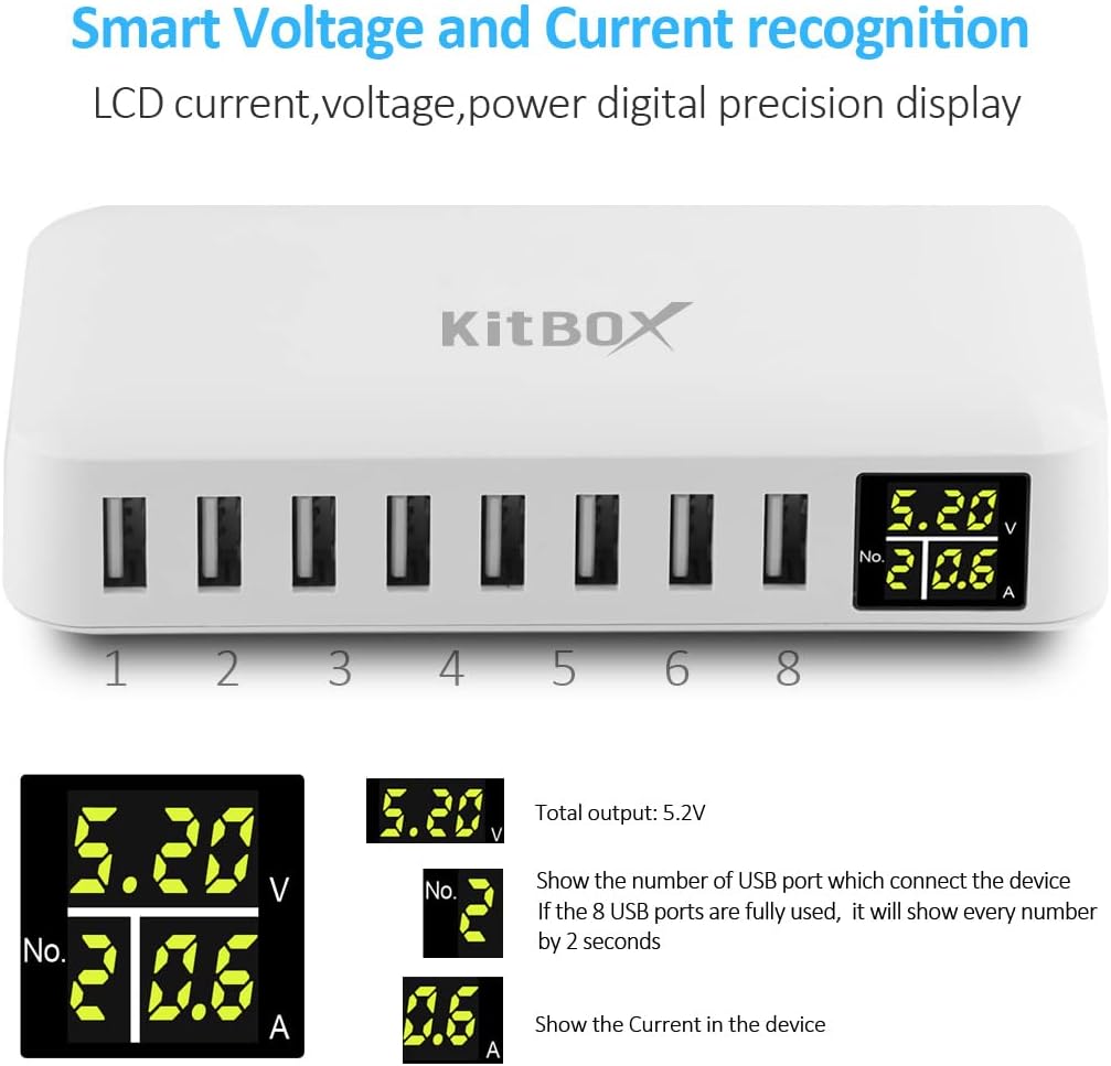 electronic device with multiple USB ports and digital display on a white background