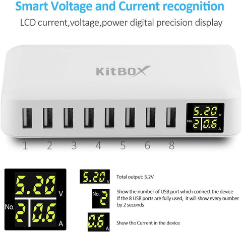 electronic device with multiple USB ports and digital display on a white background