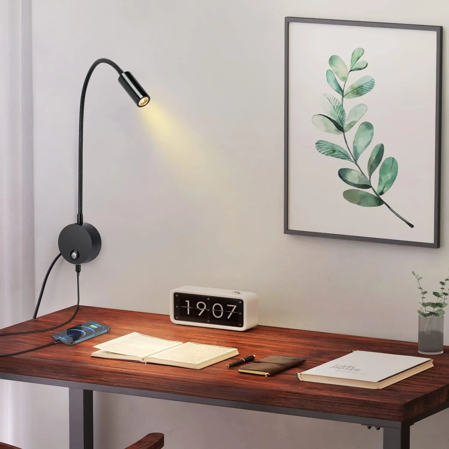 Wall Mounted Reading Lamp LED Bedside Light with USB and Touch Dimmer