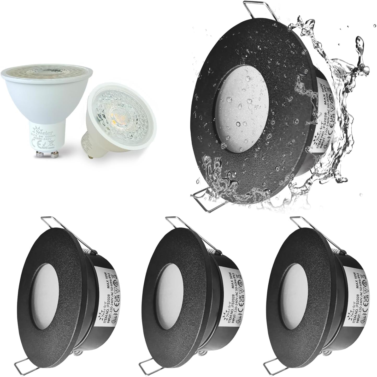 LED Downlights IP65 Waterproof Bathroom Spotlights 68-75Mm Cut Out | 4 Pack 5W GU10 3000K Class II Luminaire, Easy Install Black Recessed Ceiling Lights for Shower, Mains Powered