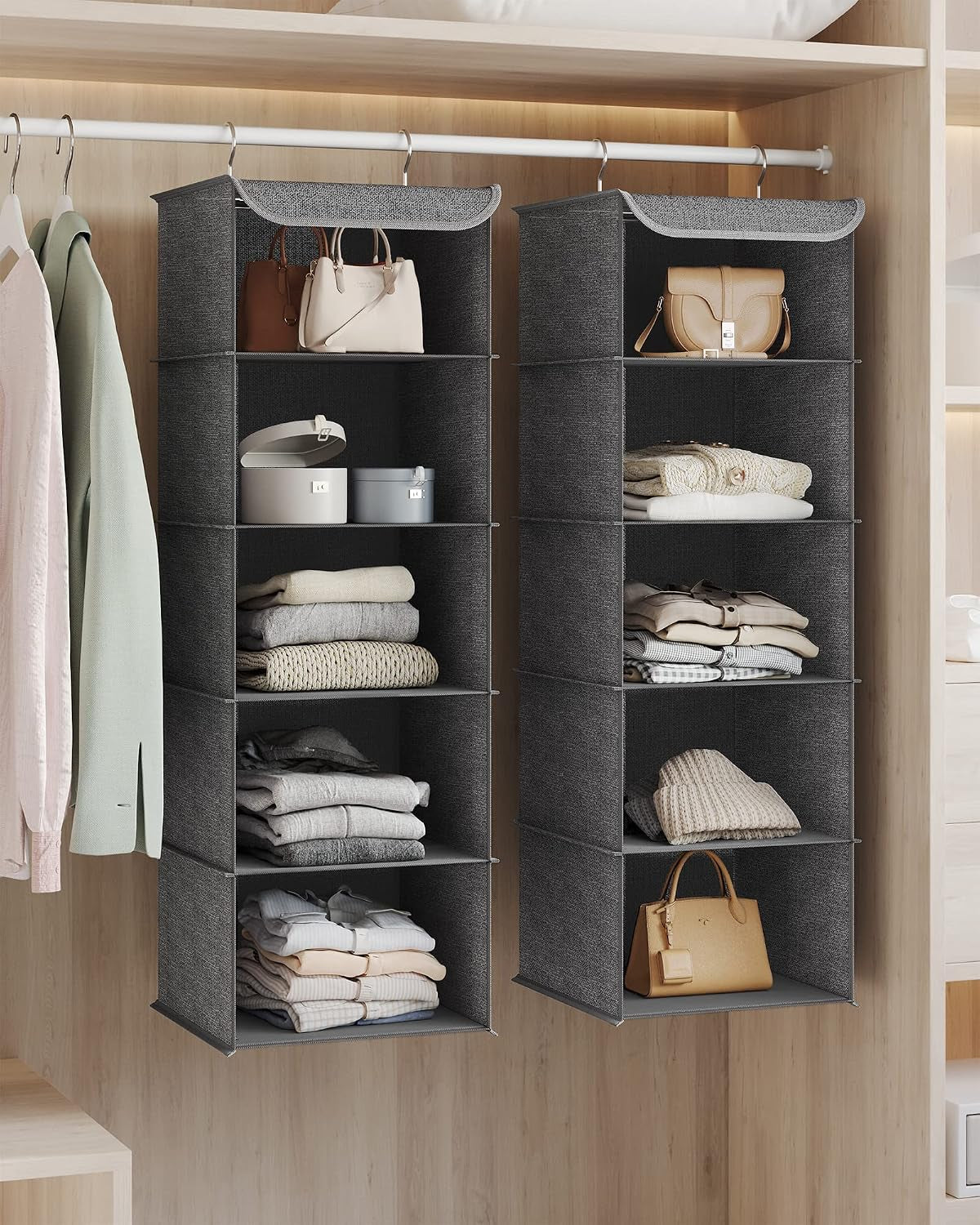 SONGMICS Hanging Wardrobe Organiser Set of 2, 5 Shelves Each, Foldable Grey Storage – Make Room for the Things You Love