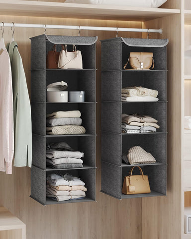 SONGMICS Hanging Wardrobe Organiser Set of 2, 5 Shelves Each, Foldable Grey Storage – Make Room for the Things You Love
