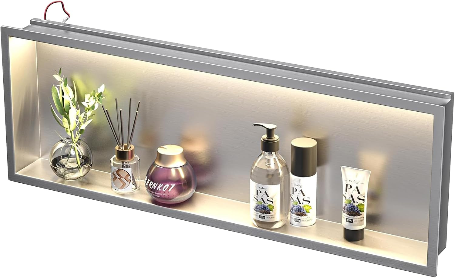 Wall Recess Shower Stainless Steel with LED Strip Light, 90 Cm X 30 Cm, Waterproof, No Tiles Required, Bathroom Storage, Niche, Matt Black