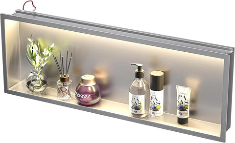 Wall Recess Shower Stainless Steel with LED Strip Light, 90 Cm X 30 Cm, Waterproof, No Tiles Required, Bathroom Storage, Niche, Matt Black