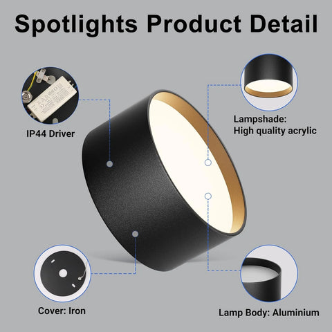 Surface Mounted Ceiling Spotlight LED 18W 1029LM – Modern round Matt Black Aluminum Ceiling Spot Light, 3000K Warm White