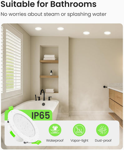 3CCT LED Downlights Ceiling Dimmable 7W IP65 Cutout 67-75MM 6 Pack | Slim Recessed Ceiling Lights, 3000K 4000K 6500K Selectable Bathroom Kitchen Spotlights, round White