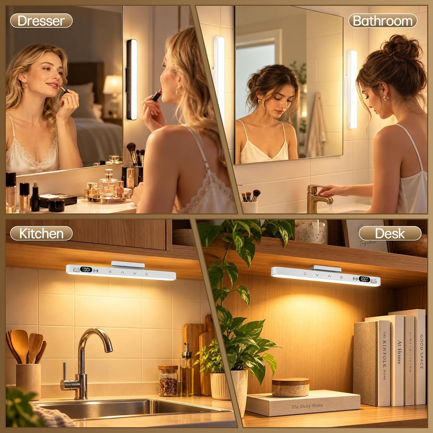 Makeup Light for Bathroom -Rechargeable LED Strip Light, Black | Wireless Wall Lights with Battery Display, 5 Color Modes, Remote Control Bathroom Mirror Lamp for Dressing Table, Cupboard