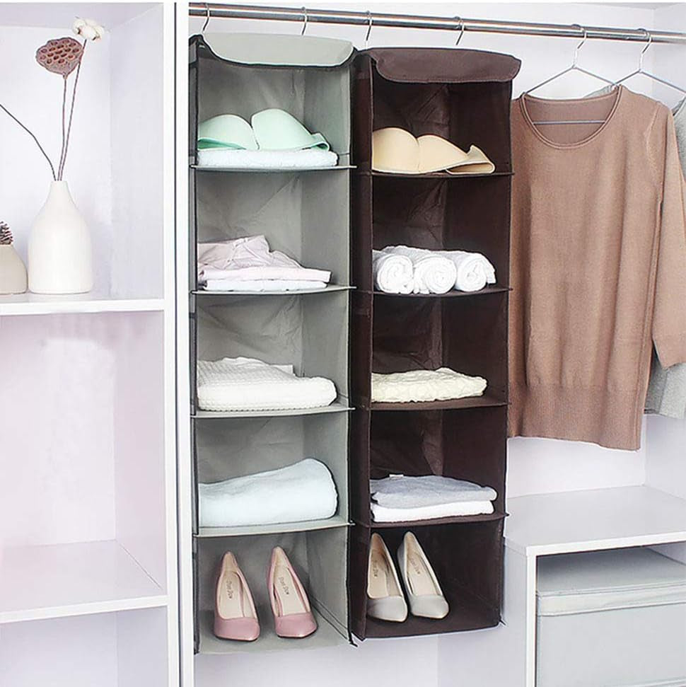 5-Shelf Hanging Wardrobe Organizer with 6 Pockets for Clothing - Grey (30 x 30 x 108 cm)