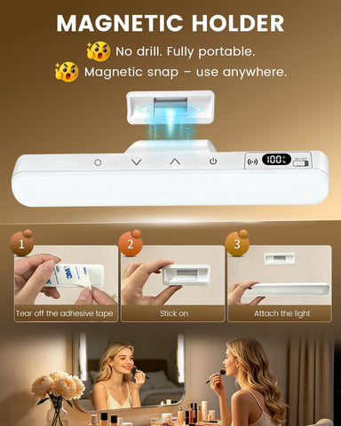 Rechargeable Makeup Light Magnetic Mirror Lights Stick on 2 Pack | Vanity Lights with Remote & Touch, Dimmable & 5 Color Temperatures, Portable Make up Light for Bathroom Closet Dressing Table