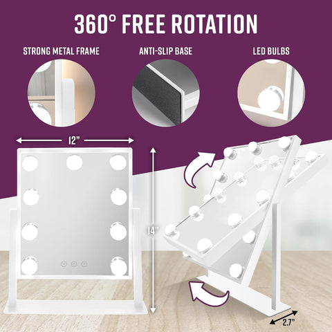 Hollywood Mirror with 9 LED Bulbs - 3 Colour Light Modes & Adjustable Brightness, Touch Screen, 360° Rotation, Light up Mirror, No Assembly Needed, Vanity Mirror with Lights - White