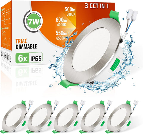 3CCT LED Downlights Ceiling Dimmable 7W IP65 Cutout 67-75MM 6 Pack | Slim Recessed Ceiling Lights, 3000K 4000K 6500K Selectable Bathroom Kitchen Spotlights, round White