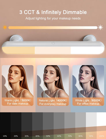 Stick on Makeup Mirror Light, 5000Mah Rechargeable Vanity Light | Wireless, Suction Cup, Stick on Lights with Remote, LED Magnetic Dressing Table Lights with 3 Color & Dimmable for Bathroom