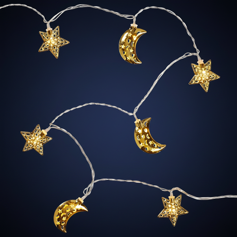 Ramadan Filigree Moon & Star String Lights – 2.25m Warm White LED Lights with Timer, Plug-In Indoor & Outdoor Decor
