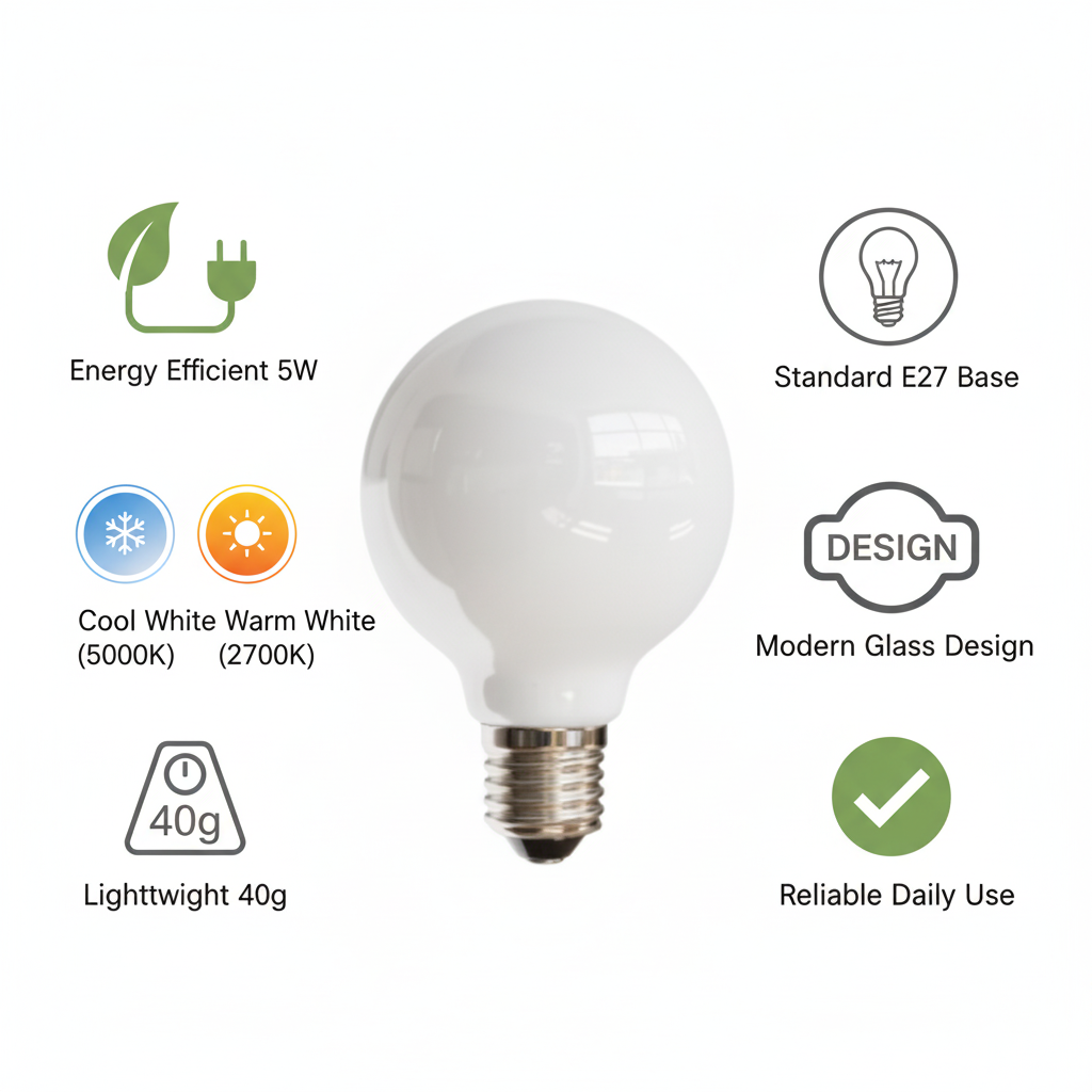 LED light bulb with features listed on a white background