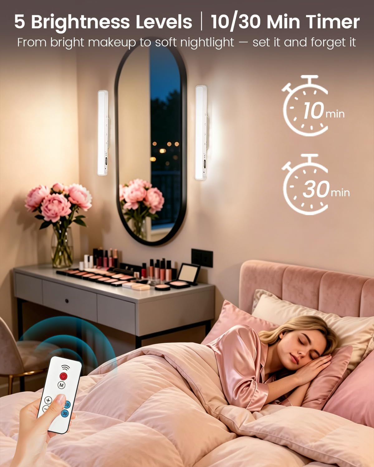 Makeup Mirror Light Stick on Mirror with Battery Level Display 2PC | Vanity Lights Bar Rechargeable Make up Light with Remote Magnetic Dressing Table Lights with 5 Cct&Dimmable for Bathroom