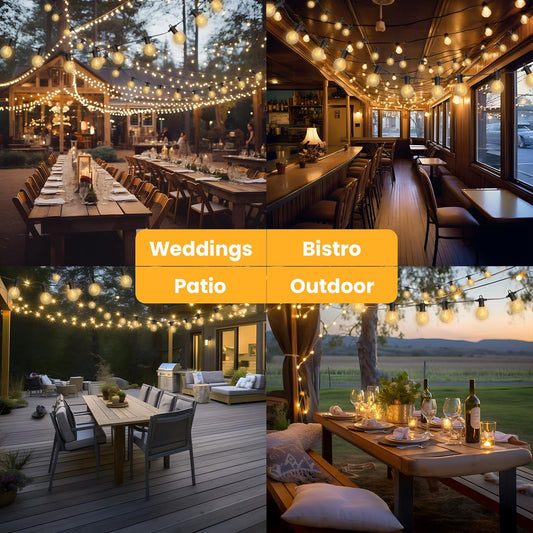 Solar festoon lights creating a warm white glow over an evening patio gathering.