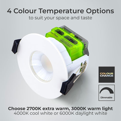 LED Flat Downlight with Power Change and 4 Colour Change Temperature Options (CCT), Fire Rated, Spotlight for Kitchen and Bathroom, Ftype MK2, White, IP65, 4W/6W, 750Lm, 6000K-2700K, FTF6WCCT